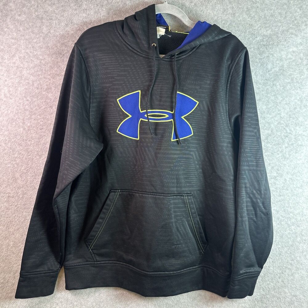 Under Armour Men's Hoodie Black Blue Yellow Loose Size M Pocket Drawstring